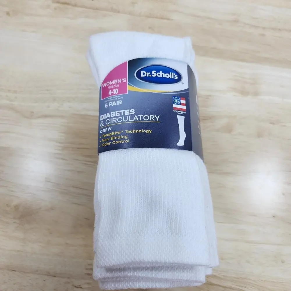 NEW Dr. Scholl’s Women’s Diabetic Circulatory Crew Socks 6 Pair White Size 4-10
